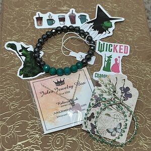 Wicked Themed Bracelet, necklace, earrings and Sticker bundle
